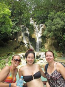 Lyvette, Cereza and Kristen at Kuang Si Waterfall