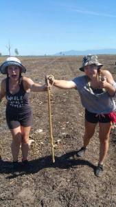 Gemma and Swedish Maja totally at ease with the dead brown snake that nearly ate them alive...